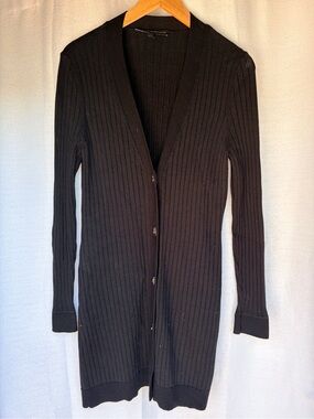 White House Black Market Black Ribbed Long Button-Front Cardigan